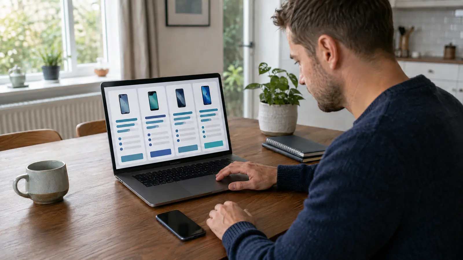 A person comparing several mobile phone contract deals on a laptop